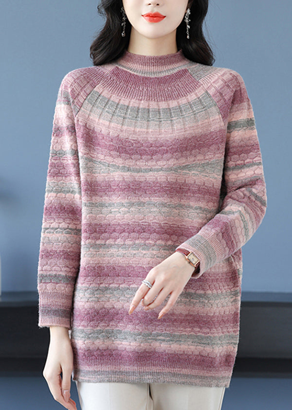 Loose Pink O Neck Jacquard Woolen Sweater Dress Winter Rl032