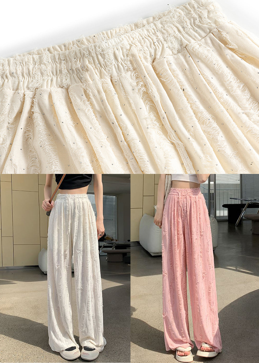 Loose Pink Zircon Elastic Waist Pants Summer Ab1047