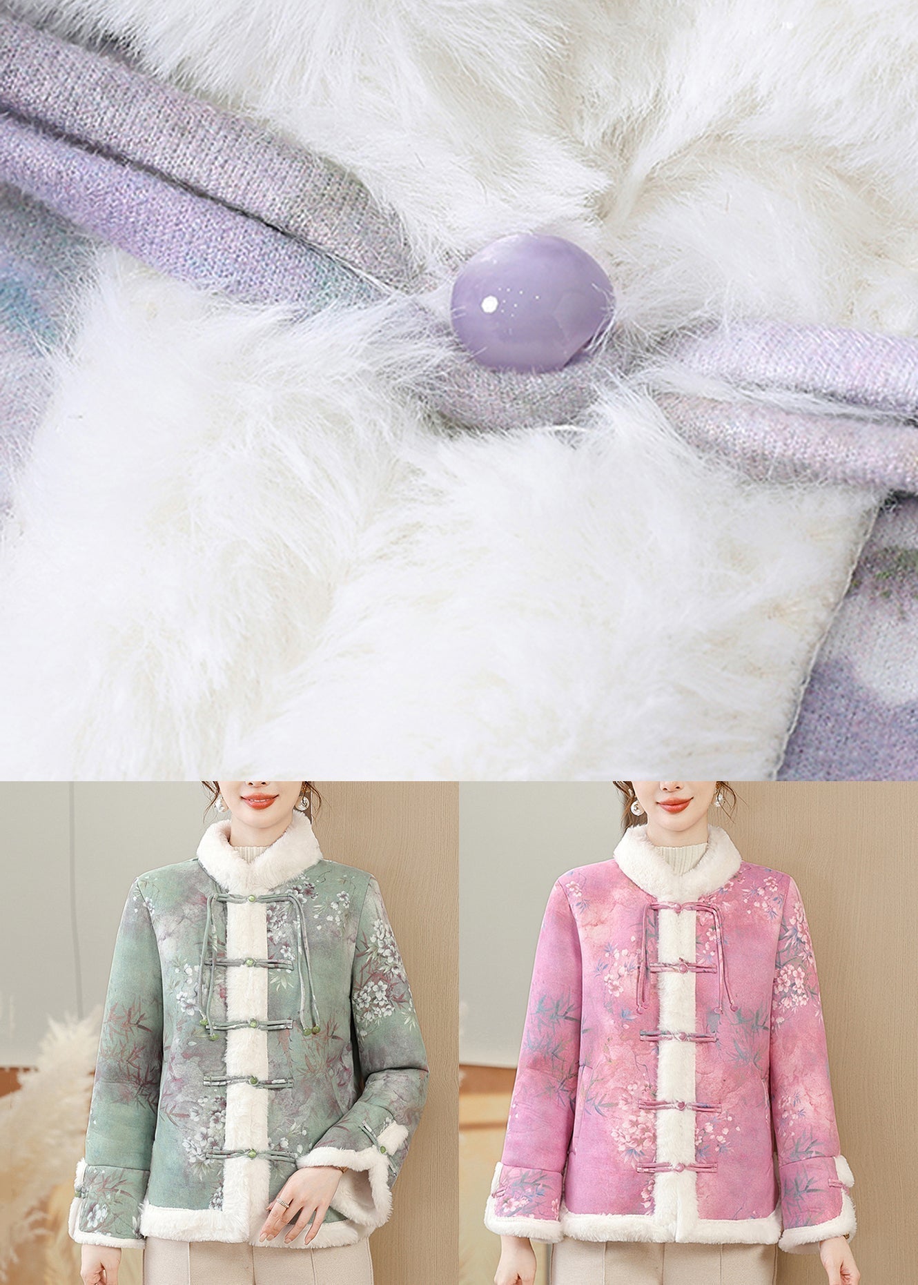 Rose Button Pockets Warm Fleece Winter Parkas Coat Fur Collar Rz026