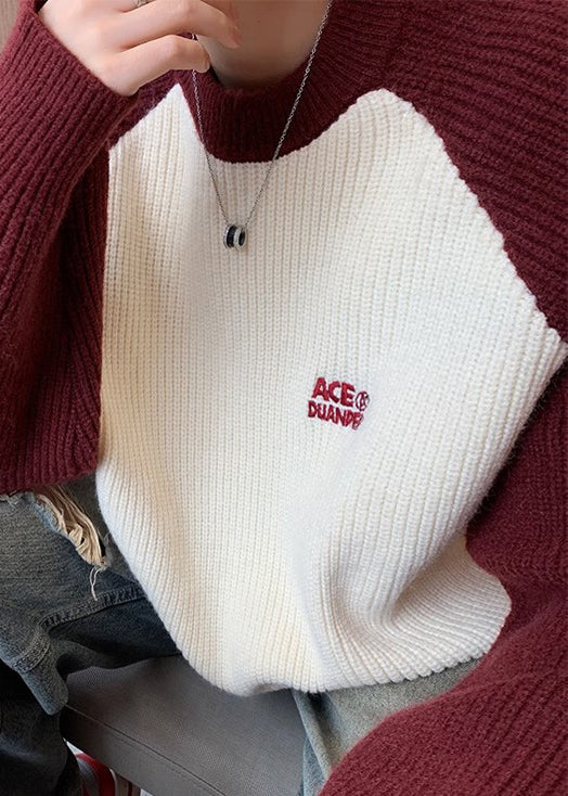 Loose Red Letter Patchwork Knit Sweater Winter Qf035