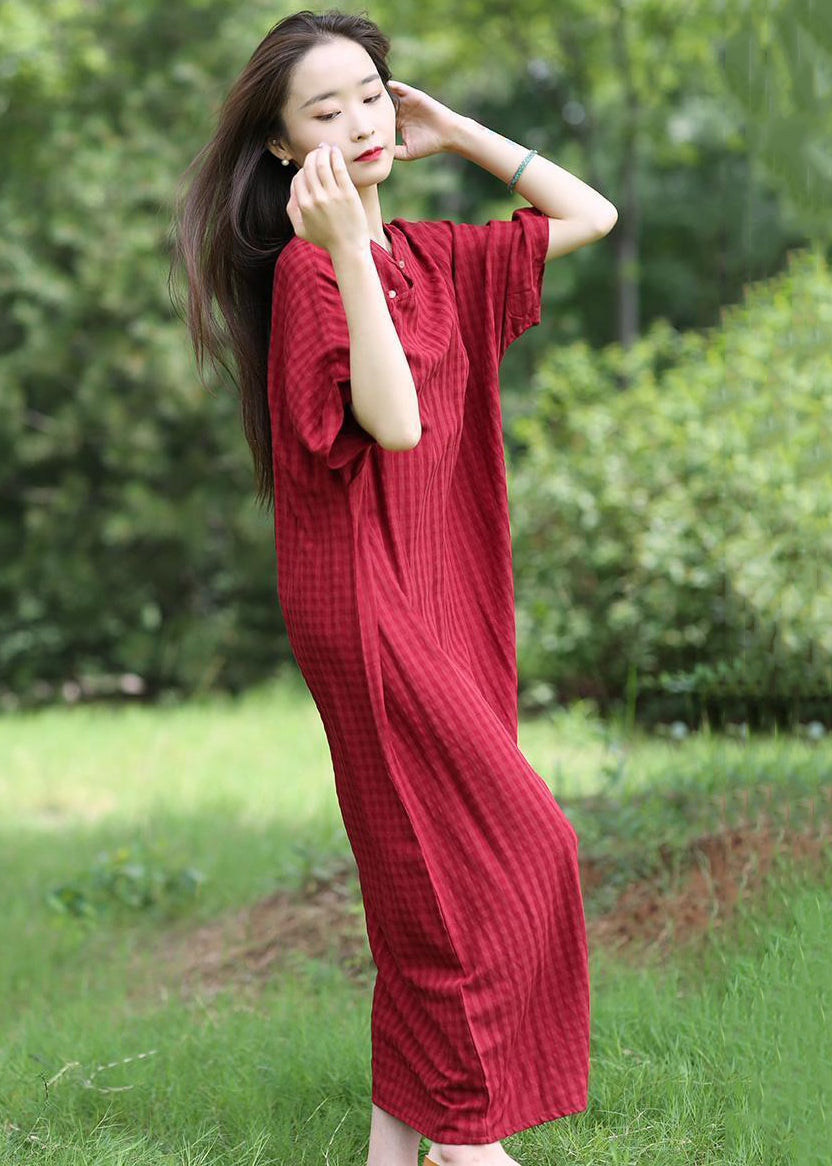 Loose Red Stand Collar Button Linen Long Dresses Summer Mn055