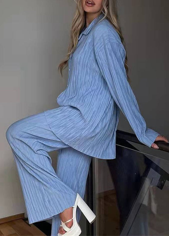 Loose White Peter Pan Collar Wrinkled Shirt and Wide Leg Pants Two Pieces Set Spring Ly1961