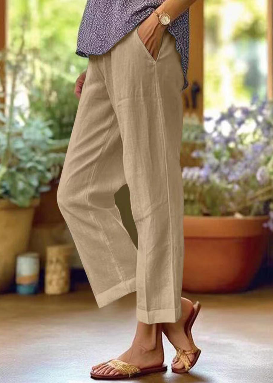 Loose White Pockets High Waist Cotton Crop Pants Summer Qe050