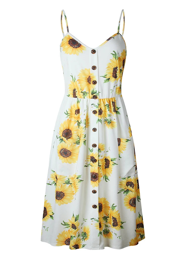 Lossky Sunflower Strapless Button Backless Clothes Midi Dresses