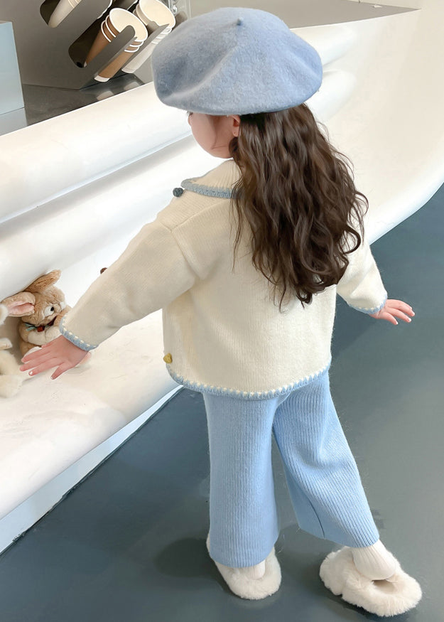 Blue Peter Pan Collar Patchwork Knitted Cotton Cardigans and Crop Pants Two Piece Set Spring Tr025