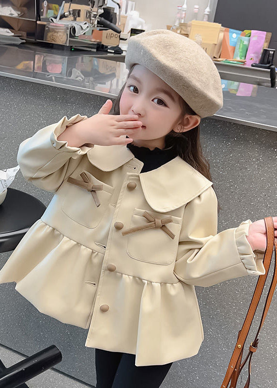Khaki Peter Pan Collar Wrinkled Button Kids Trench Coats Fall Qv030