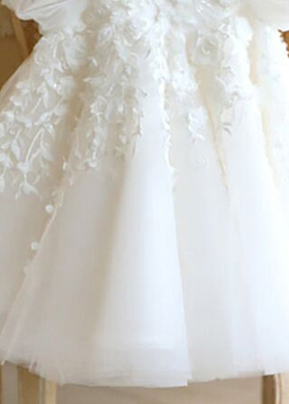White Stand Collar Tulle Kids Vacation Maxi Dresses Puff Sleeve Ys037