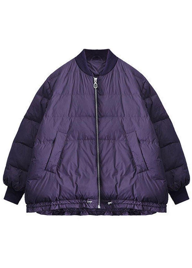 Purple Zippered Pockets Drawstring Winter Down Coats Long Sleeve Qs054