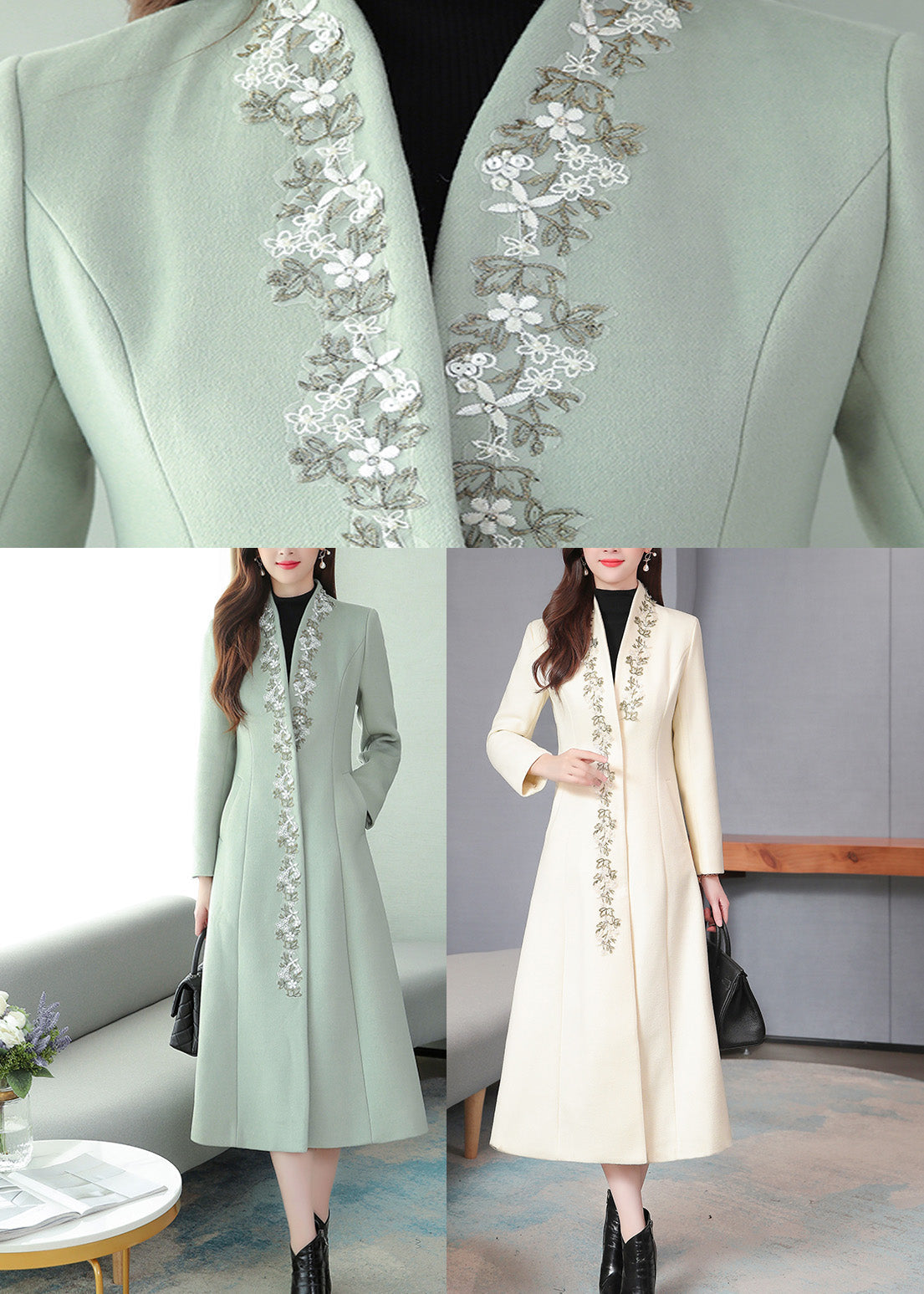White V Neck Woolen Long Trench Coats Spring Ly1713