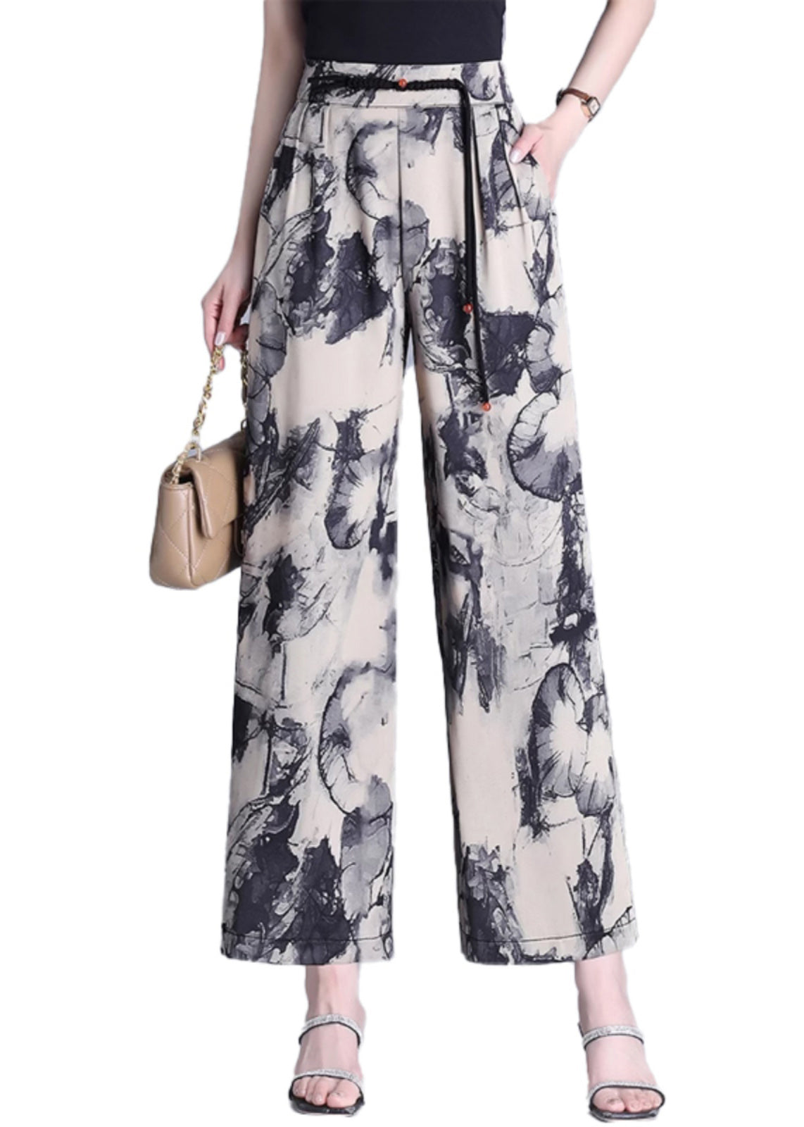 Modern Apricot Tasseled Print Silk Straight Pants Summer Oo019
