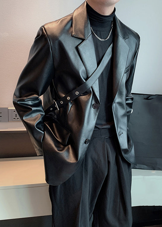 Modern Black Peter Pan Collar Button Faux Leather Coats Spring Rn030