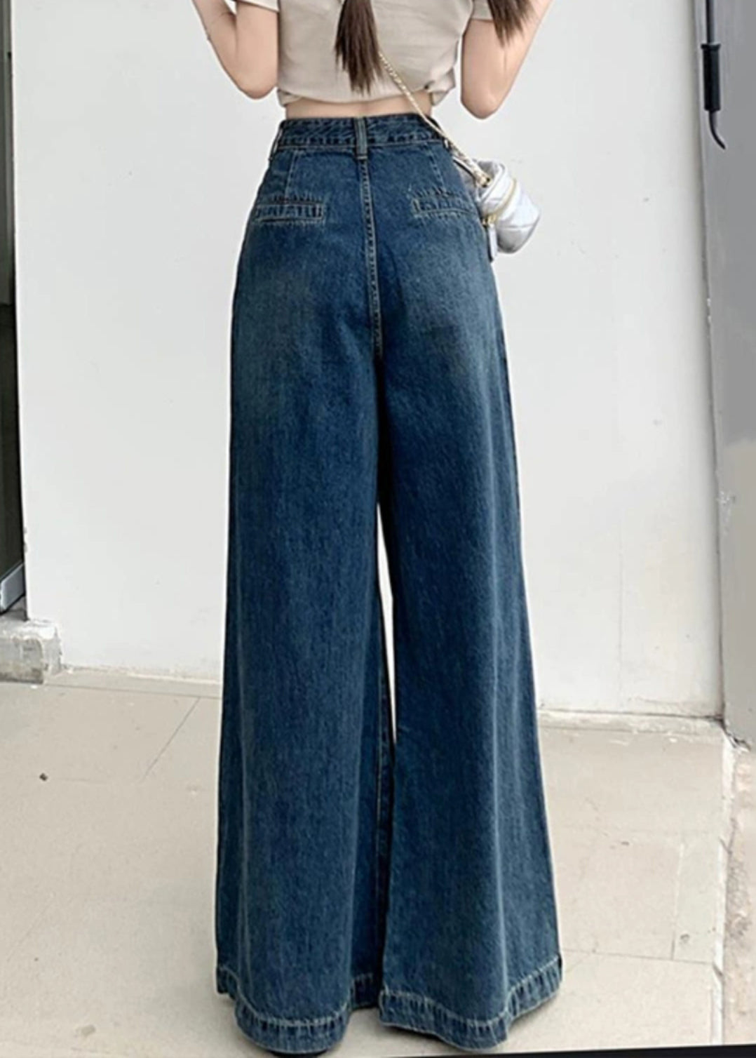 Modern Blue Wrinkled Pockets Denim Wide Leg Pants Summer Pp010