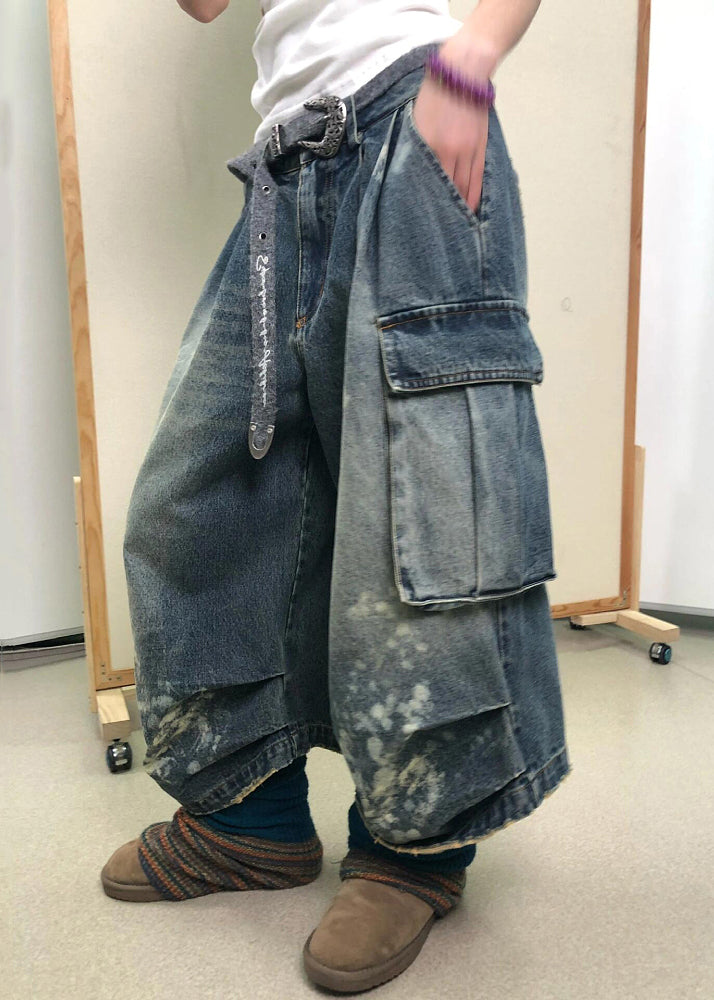 Modern Denim Blue Pockets High Waist Patchwork Crop Pants Fall Qf043