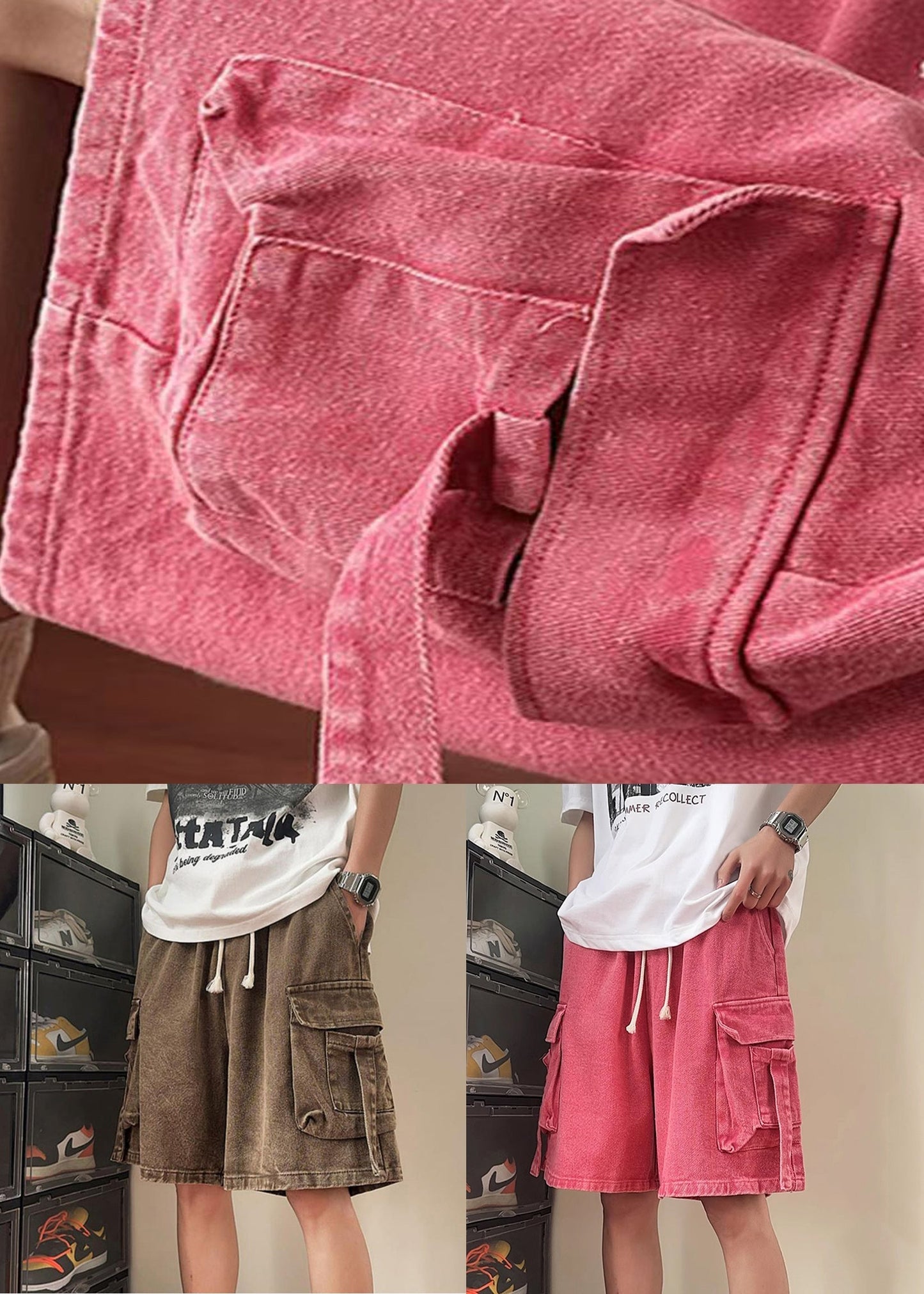 Denim Shorts Summer Elastic Waist Modern Pockets Pink