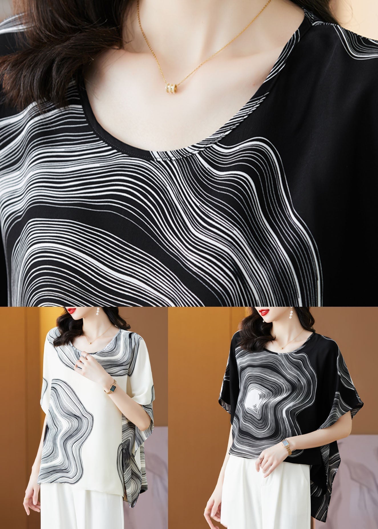 Black Patchwork Print Silk Blouse Tops O Neck Summer Ly0482