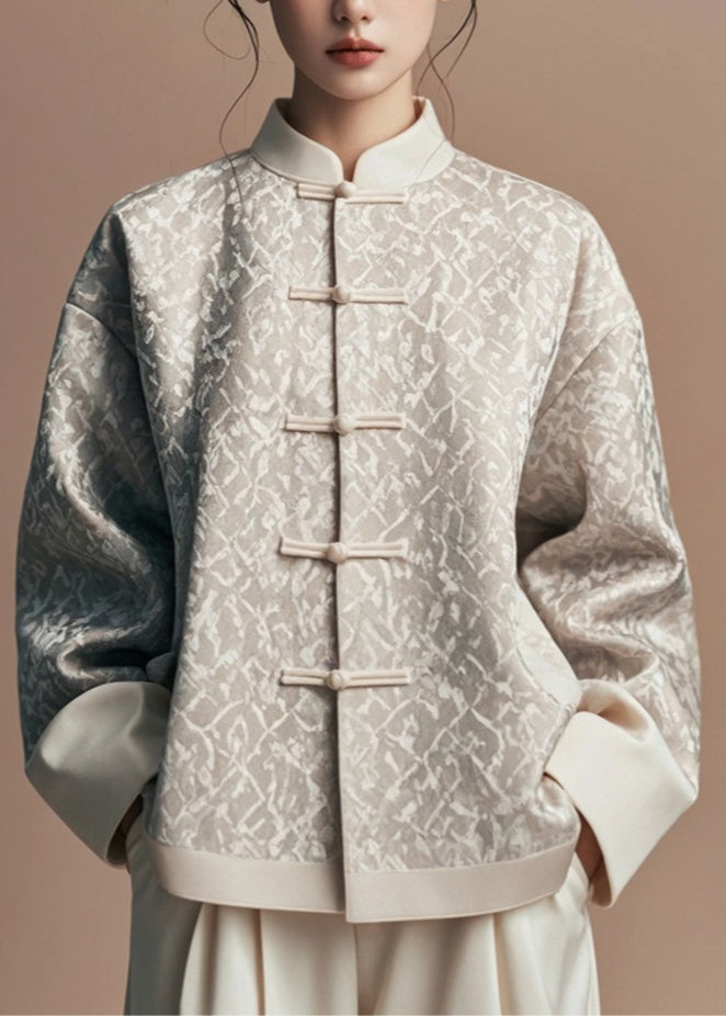 Natural Light Grey Stand Collar Print Coats Fall Ag1047