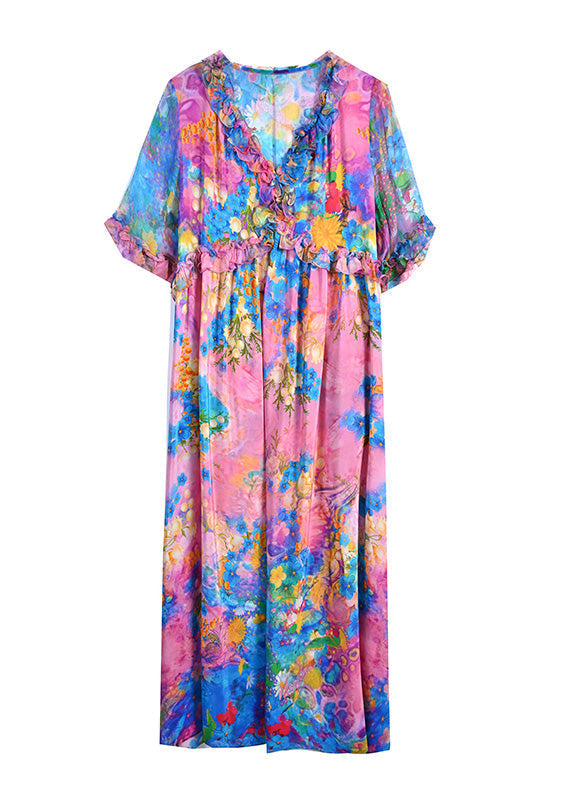 Natural V Neck Ruffled Print Silk Holiday Maxi Dress Short Sleeve Ly1762