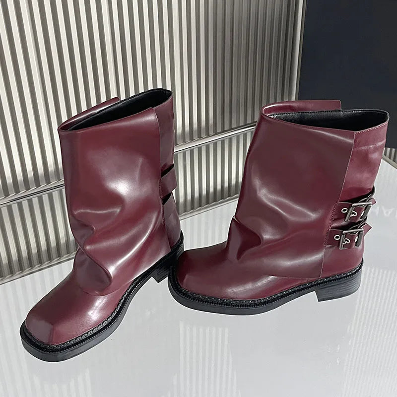 New Square Toe Buckled Slip on Modern Winter Ankle Boot