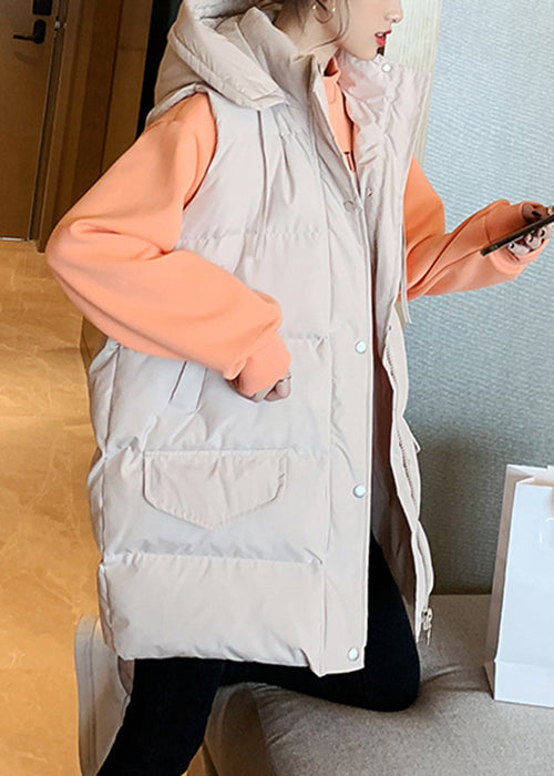 New Beige Hooded Pockets Cotton Filled Waistcoat Sleeveless Yw016
