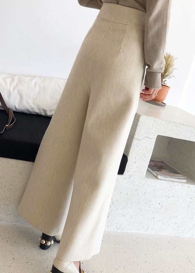 New Beige Pockets High Waist Woolen Crop Pants Winter Rf024