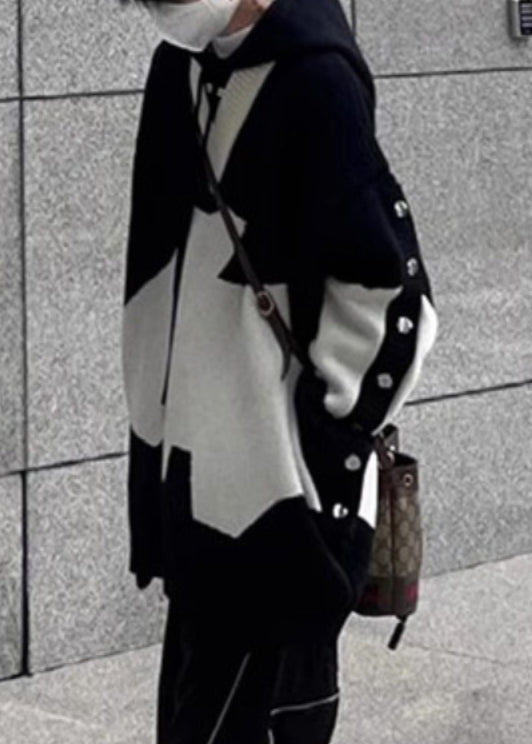 New Black Hooded Knit Sweaters Patchwork Cozy Spring