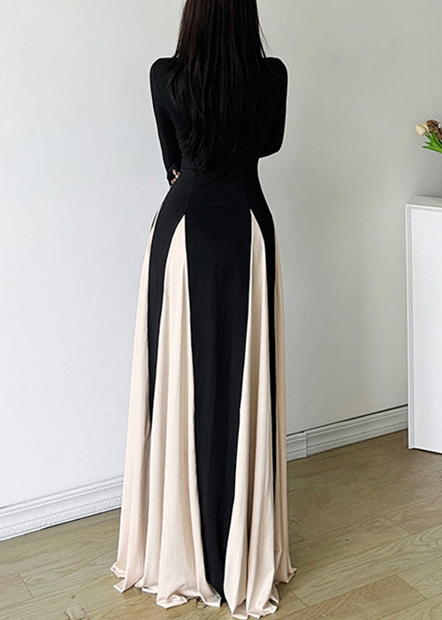 New Black V Neck Patchwork Cotton Maxi Dresses Fall Wy028