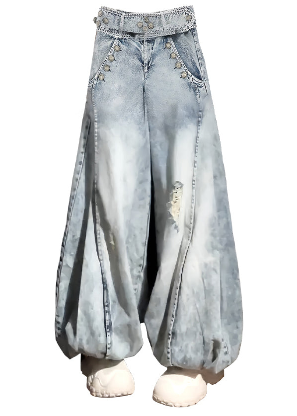 New Blue Hole Pockets High Waist Denim Lantern Pants Fall Qf054