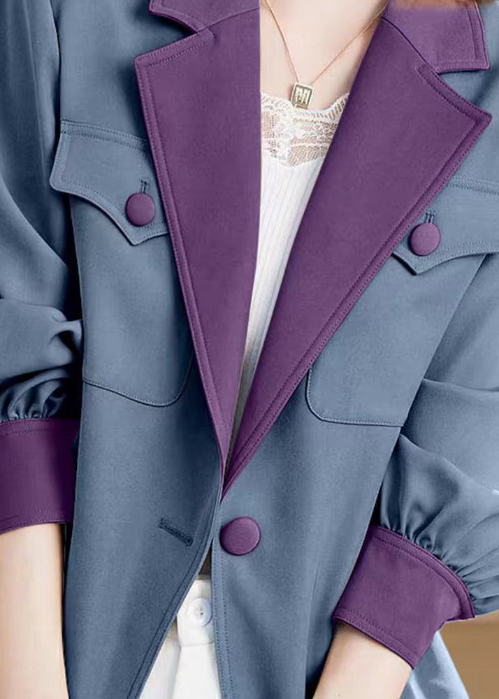 New Blue Notched Button Pockets Cotton Coats Fall Wm001