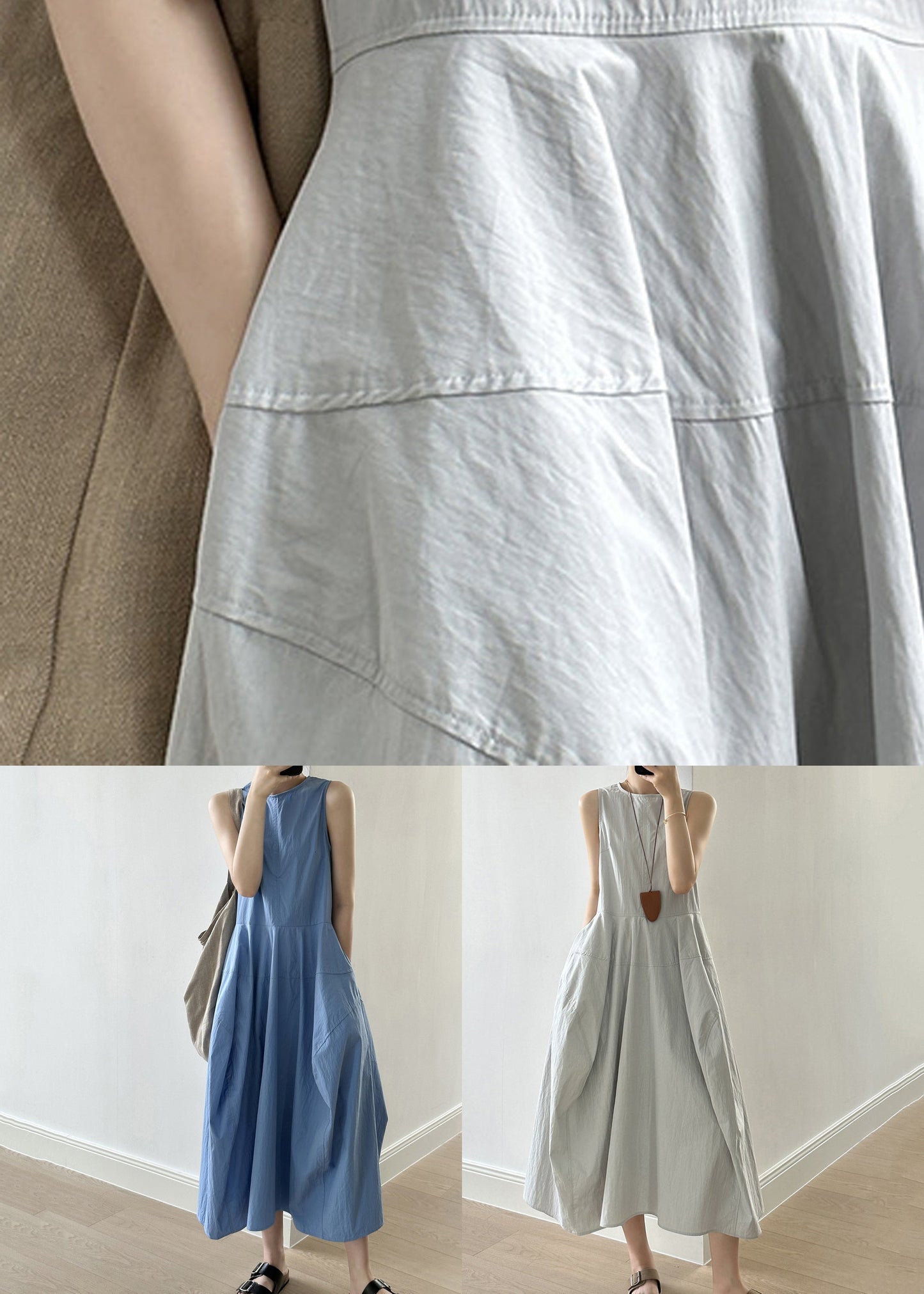 New Blue O-neck Pockets Cotton Long Dresses Sleeveless Qe009