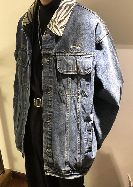 Spring Denim Blue Pan Coat Peter Pockets Collar Tc047 New
