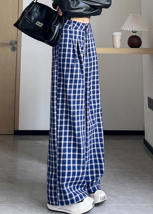 New Blue Plaid High Waist Cotton Wide Leg Pants Fall Ab1028