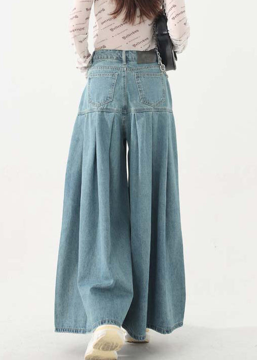 New Blue Pockets High Waist Denim Wide Leg Pants Spring Ab1059