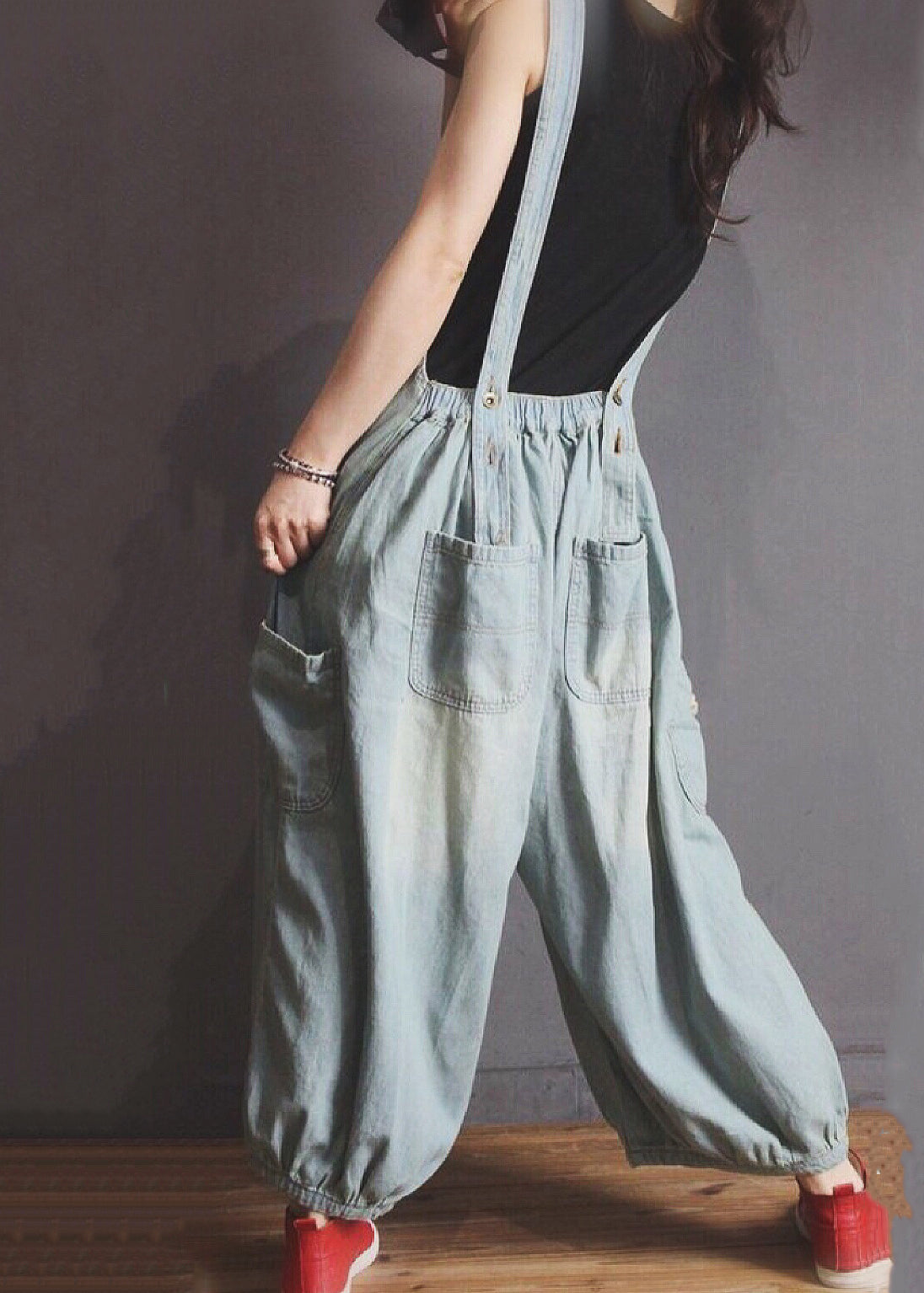 New Blue Pockets Hole Denim Jumpsuit Sleeveless Mn089