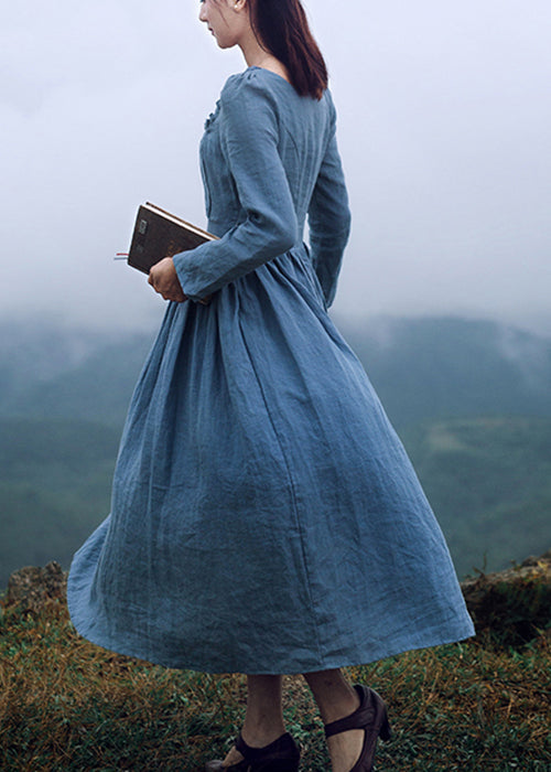 New Blue Square Collar Ruffled Linen Long Dresses Long Sleeve Ah619