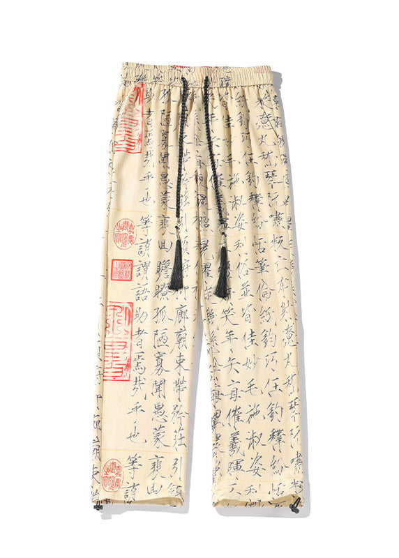 New Chinese Style Printed Ice Silk Wide Leg Pants Summer Yt046