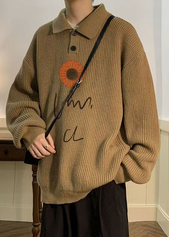 New Coffee Peter Pan Collar Print Knit Sweaters Fall Qh024