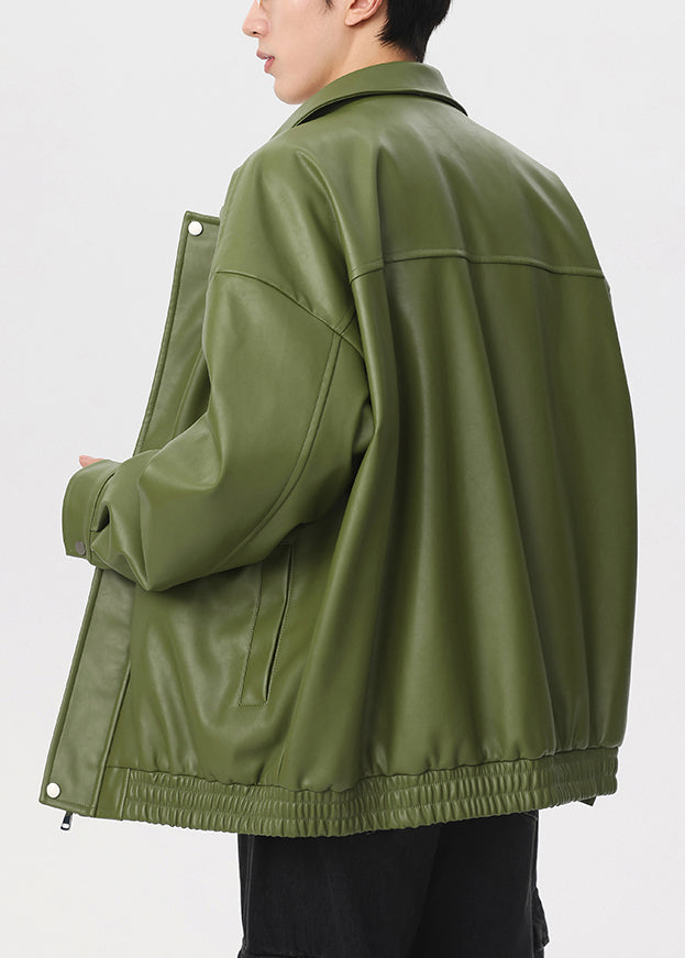 New Green Peter Pan Collar Zippered Faux Leather Coat Spring Rn032
