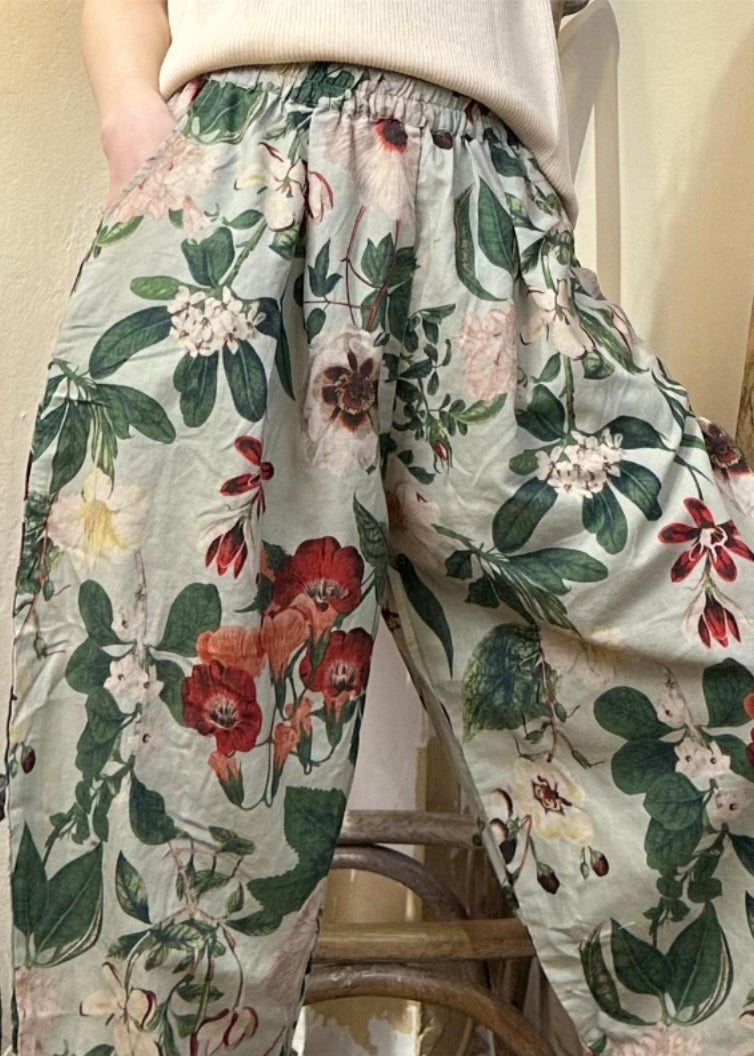 New Green Print Pockets Cotton Crop Pants Summer Jh019