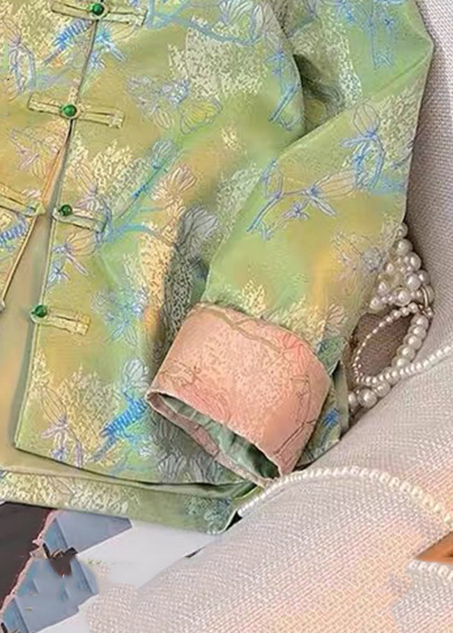 New Green Print Print Side Open Silk Coats Fall Qo016