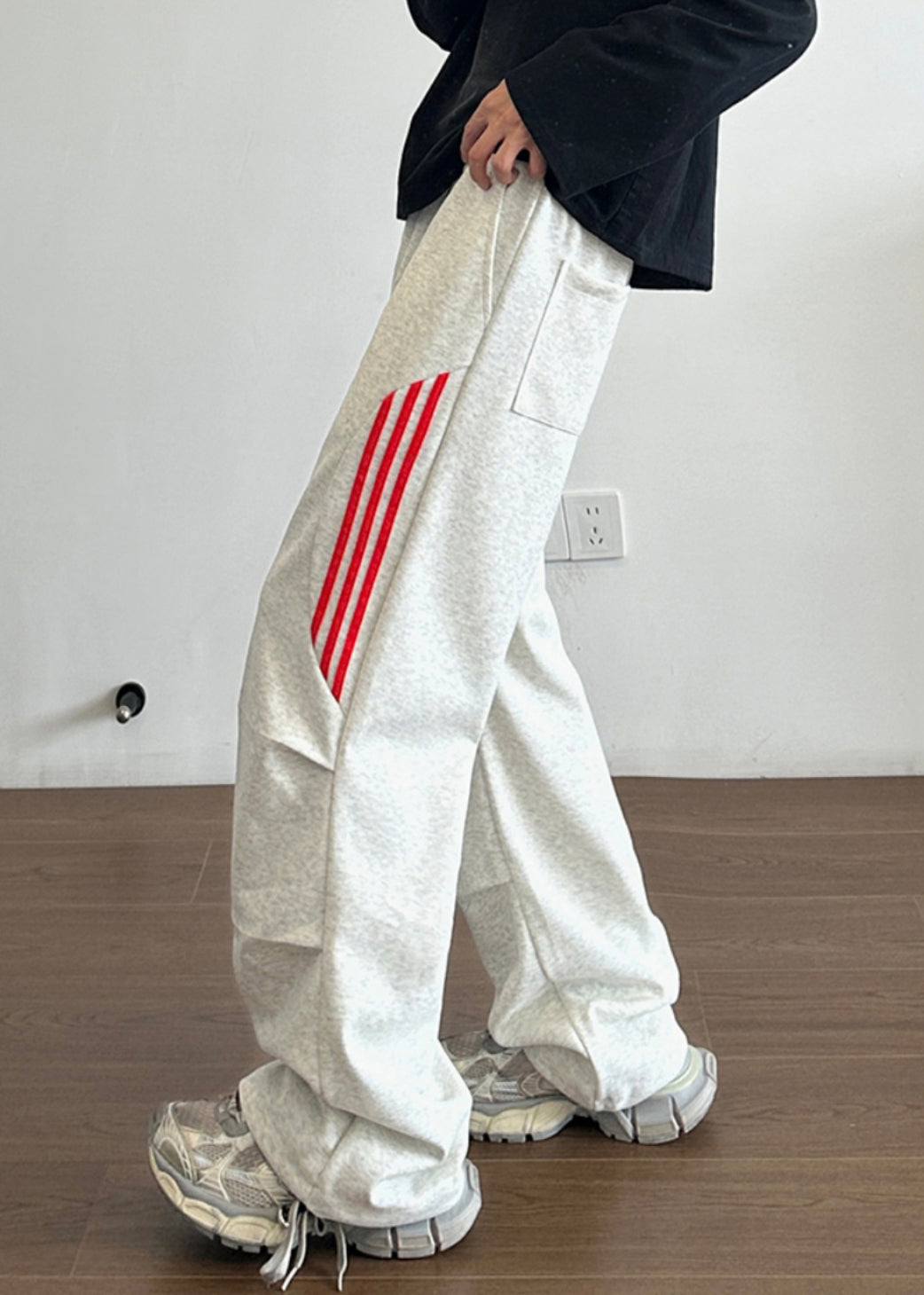New Grey Striped Pockets Cotton Pants Long Fall Wa034