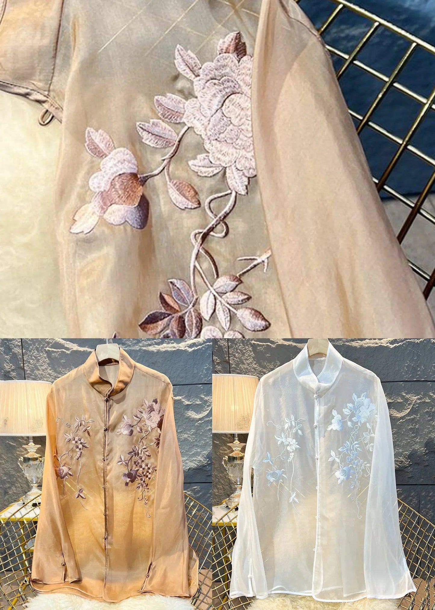New Khaki Embroidered Button Tulle Blouses Long Sleeve Cg1007