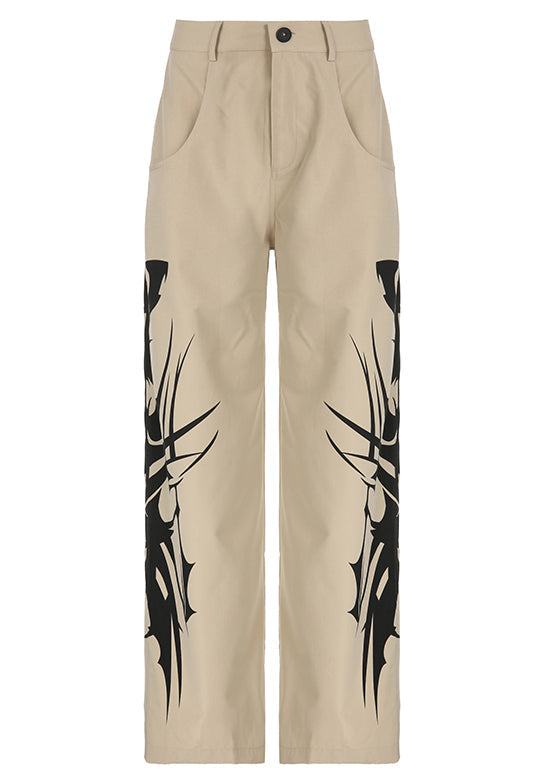 New Khaki Print Pockets High Waist Cotton Pants Summer Pp007