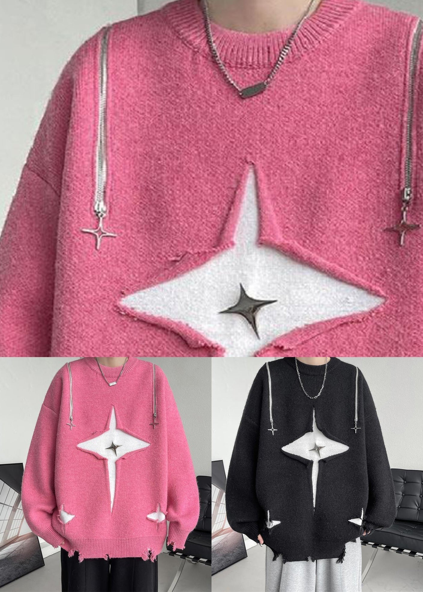 New Pink O Neck Hole Cozy Knit Sweater Fall Qh020