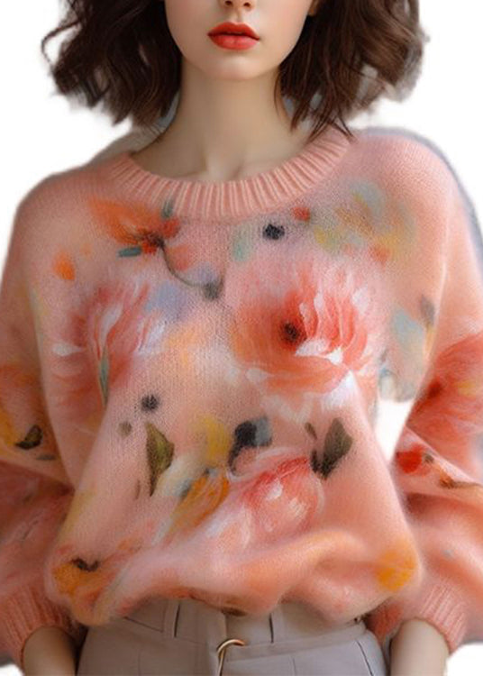 New Pink O Neck Thick Print Knit Sweater Fall Wo024