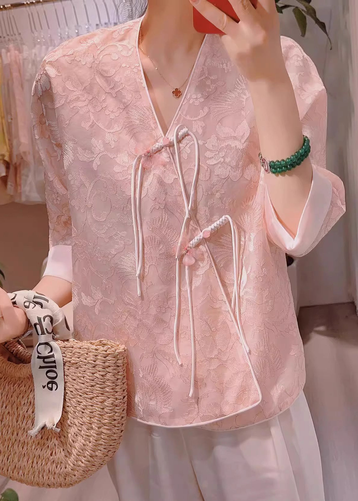 New Pink V Neck Embroidered Chinese Button Silk Blouses Half Sleeve Qa1074