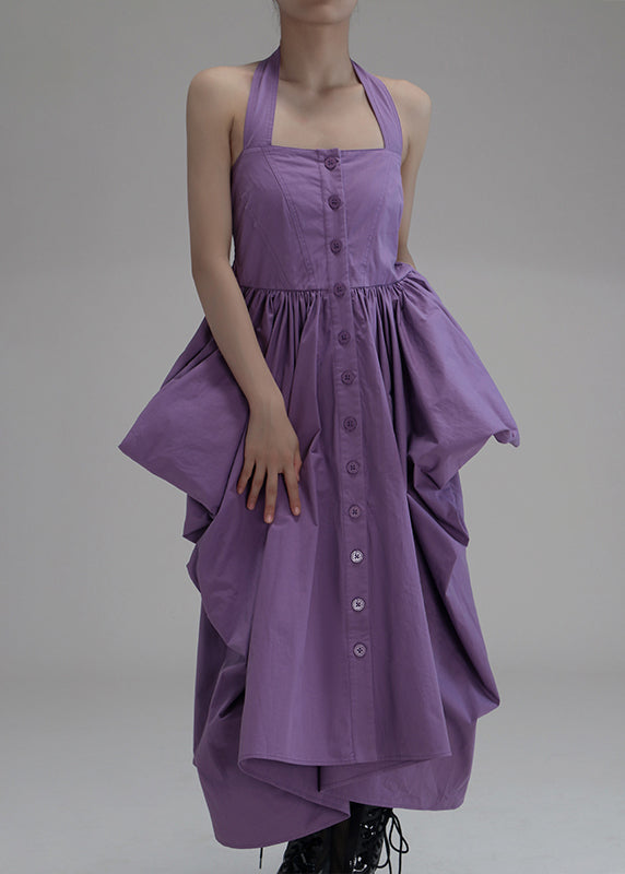 New Purple Asymmetrical Wrinkled Button Cotton Long Dress Sleeveless Ab1033