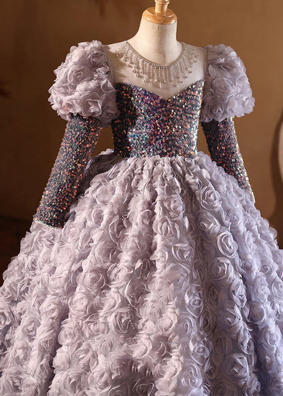 New Purple O-neck Sequins Tulle Long Dress Spring Yg015