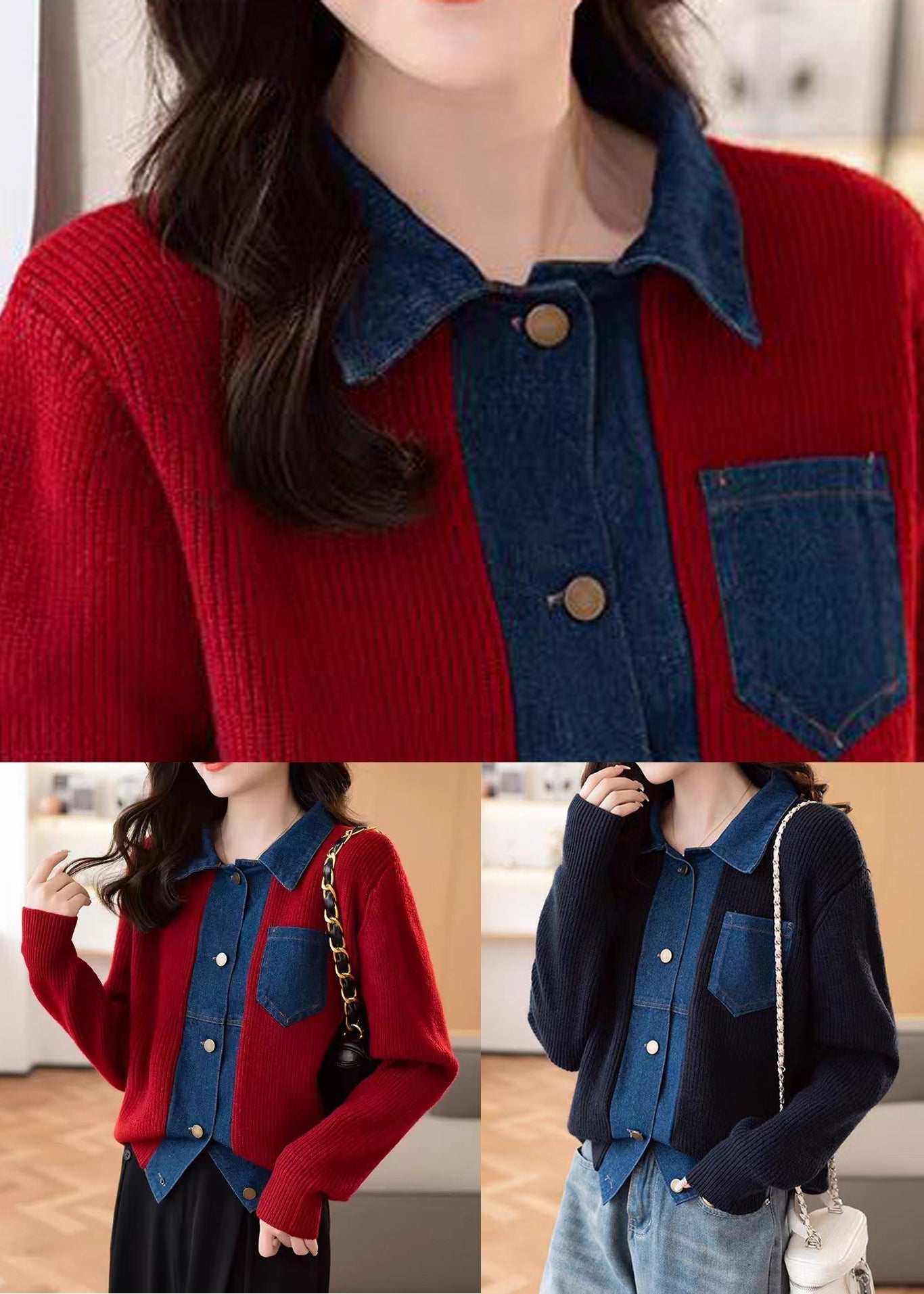 New Red Button Pockets Patchwork Knit Coat Spring Tf024
