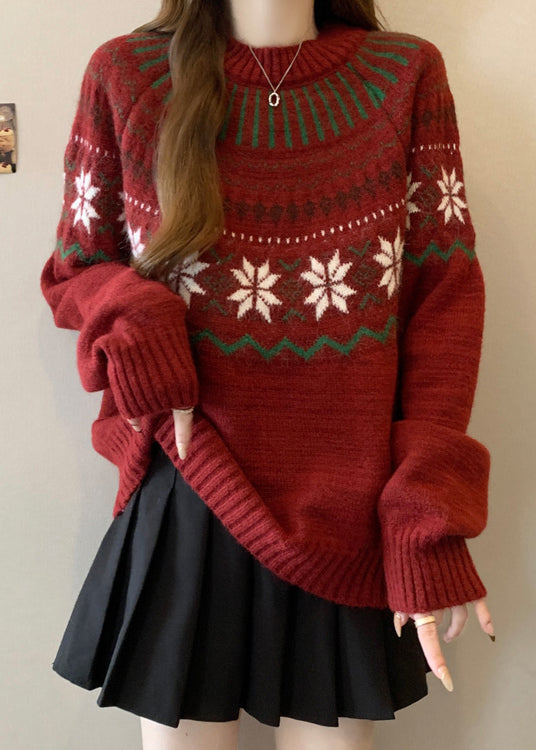 New Red O Neck Jacquard Thick Knit Sweaters Winter Rg034