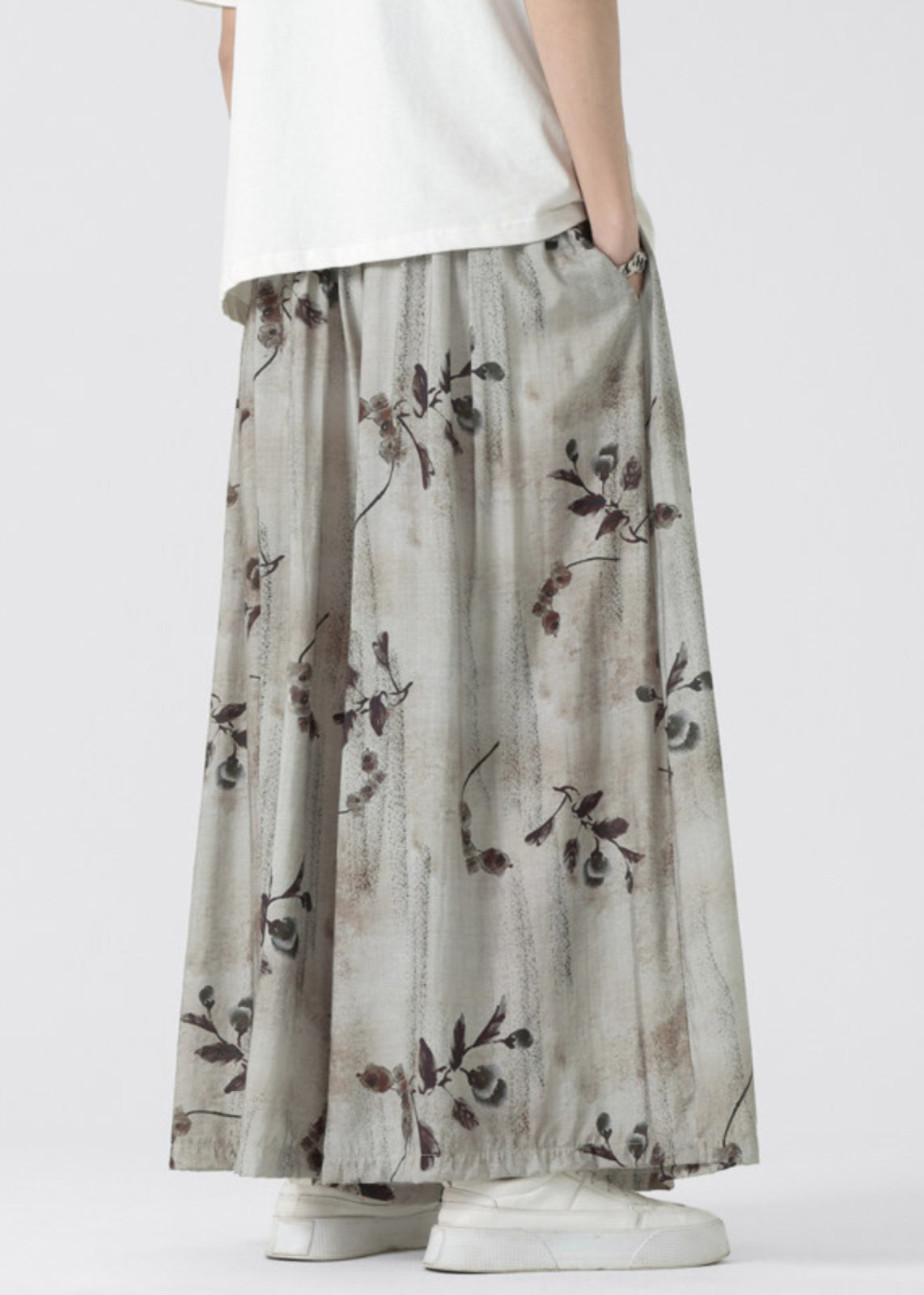 New Retro Pockets Print Elastic Waist Ice Silk Wide Leg Pants Summer Sa050